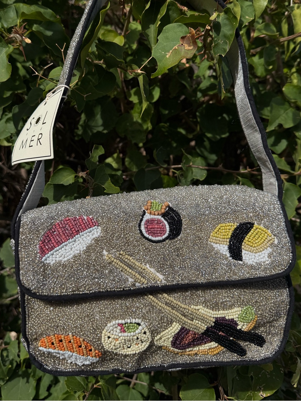 NWT Sol and Mer Sushi I Love Heart Sushi Grey Black Beaded Shoulder Bag